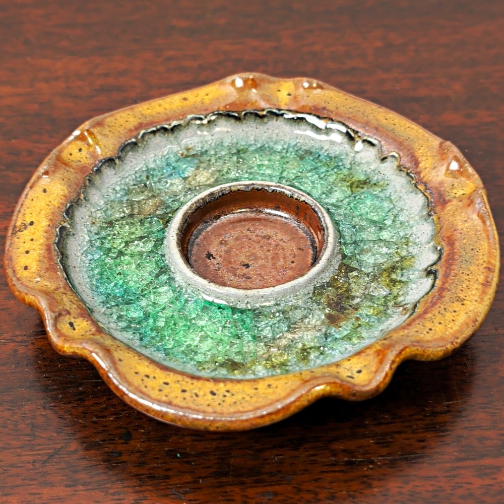 Art Pottery USA Brown Green Drip Glaze Round Glossy Ashtray 6" MCM